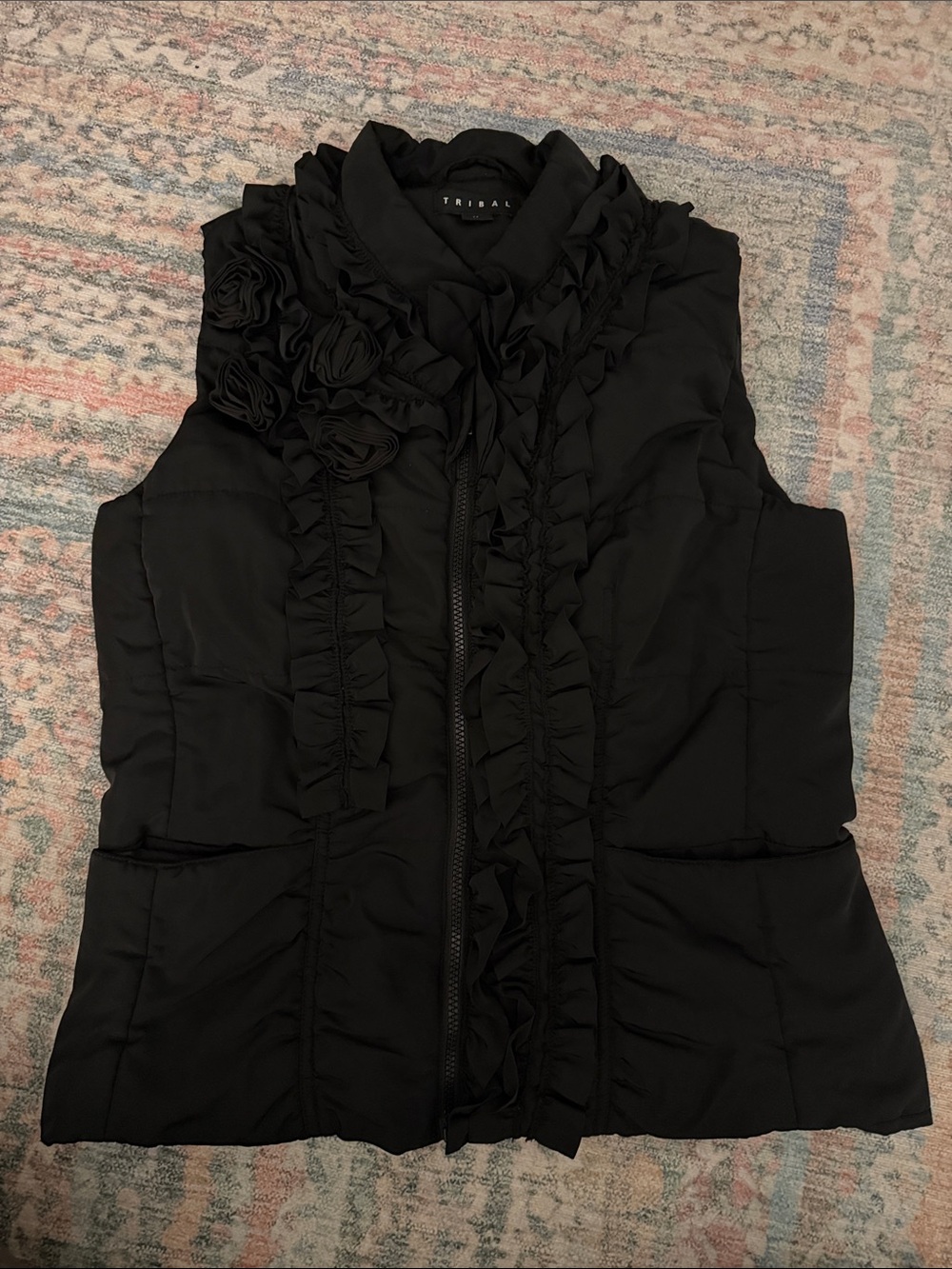 TRIBAL Black Ruffle Zip Front Vest